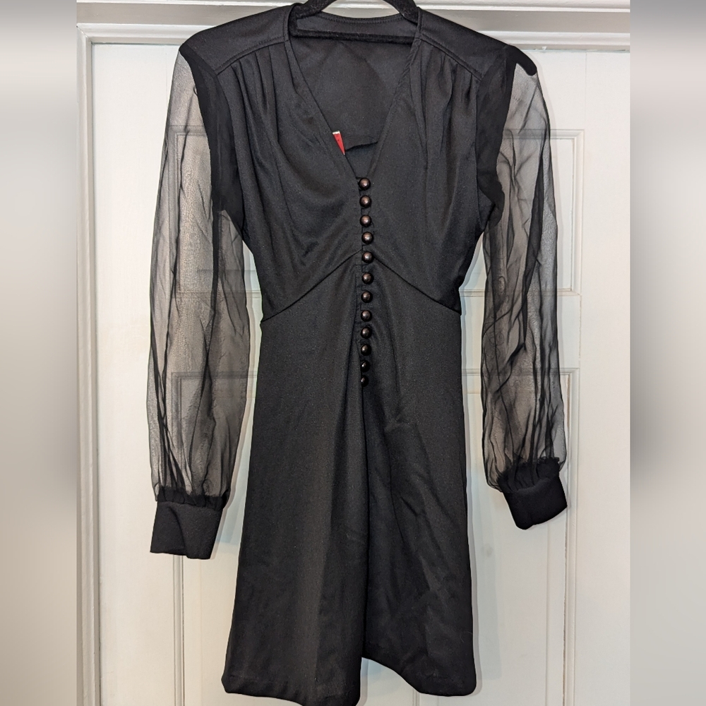 Vtg Mid Century Goth Dress 60s 70s Mod Black Xs